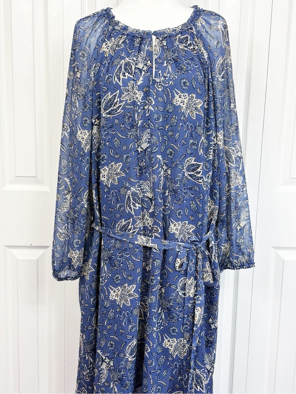 NWT Lane Bryant Boho Blue Metallic Floral Sheer Belted Shift Dress 28